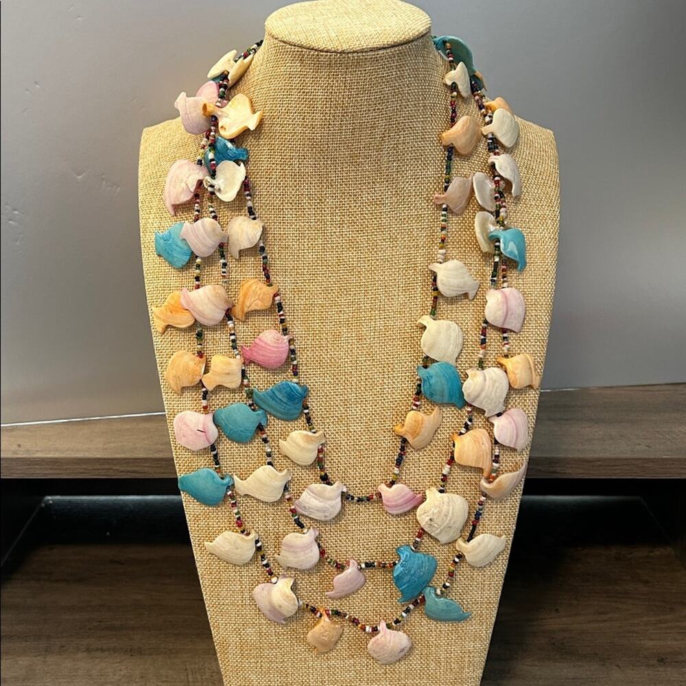Artisan Shell Fish Multi Strand Necklace Summer Beach Tiki #J40 beaded colorful